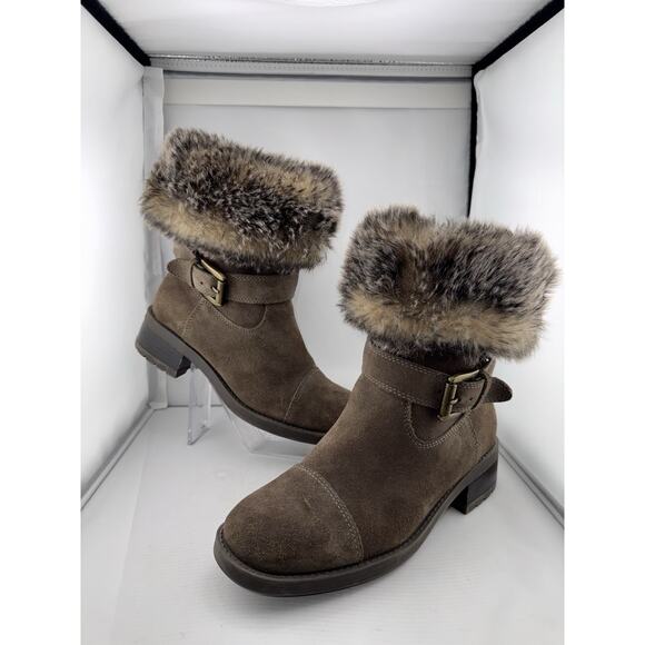 Cougar Winter Boots Women‎ 7M Taupe Suede Faux Fur Fold-Over Buckle Heel Franca - Picture 1 of 12